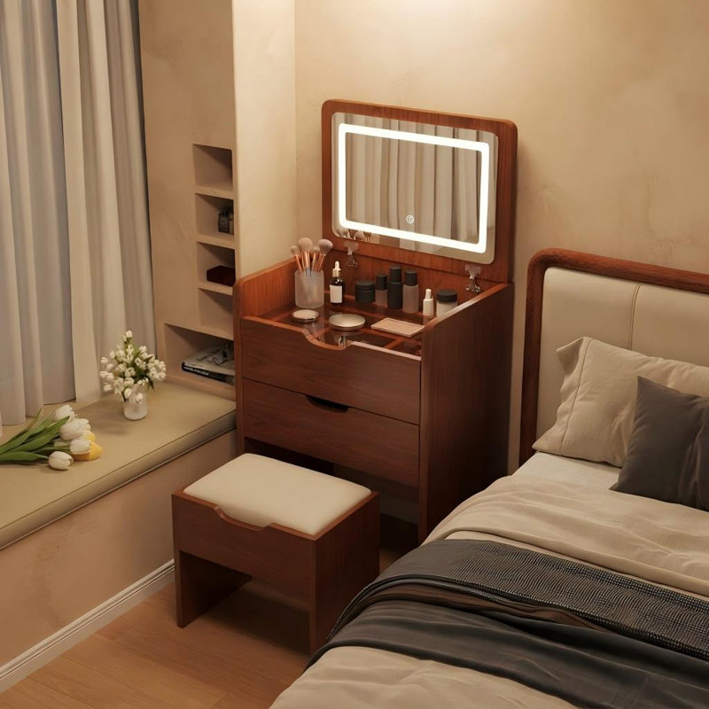 Meuble-lavabo moderne avec miroir éclairé et rangement, coiffeuse et tabouret pour chambre à coucher, vestiaire et salle de bain
