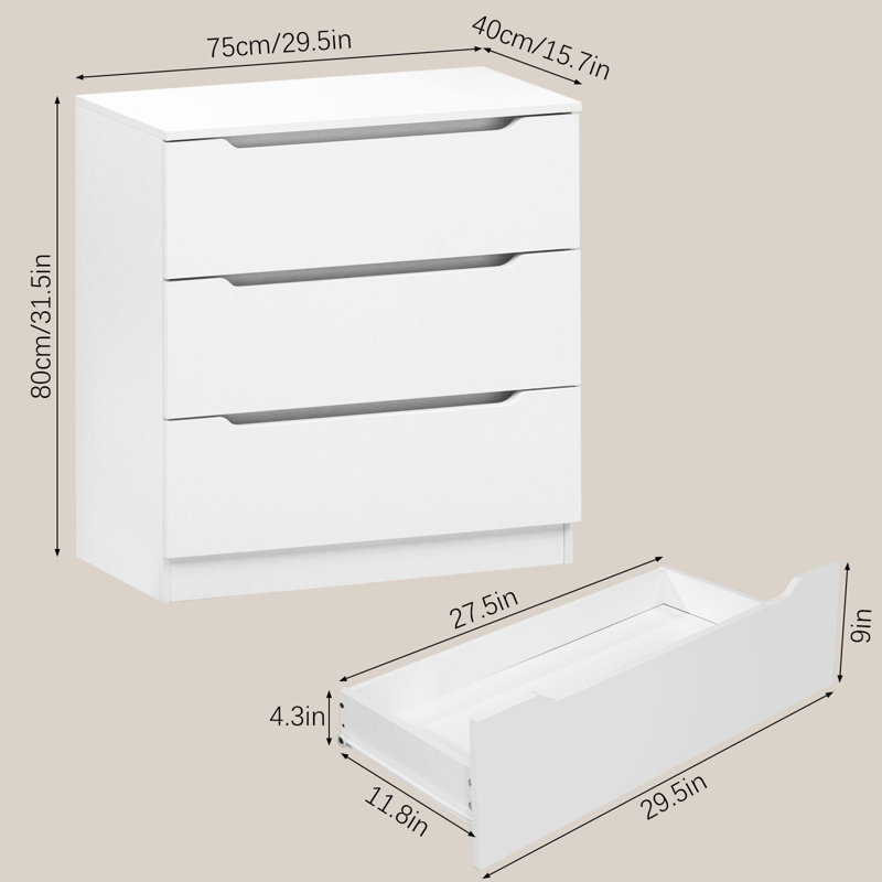 3 Drawer White Dresser For Bedroom 30" Wide Nightstand