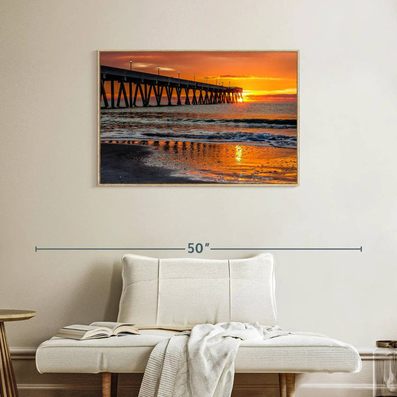 Sunrise In Wrightsville Dock, 37" X 25", Floating Frame Natural Wood
