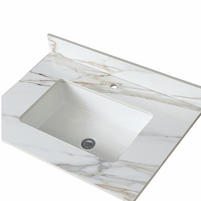 Comptoir de meuble-lavabo en marbre 31 po, comptoir de salle de bain avec lavabo central encastré rectangulaire et dosseret de 4 po de hauteur