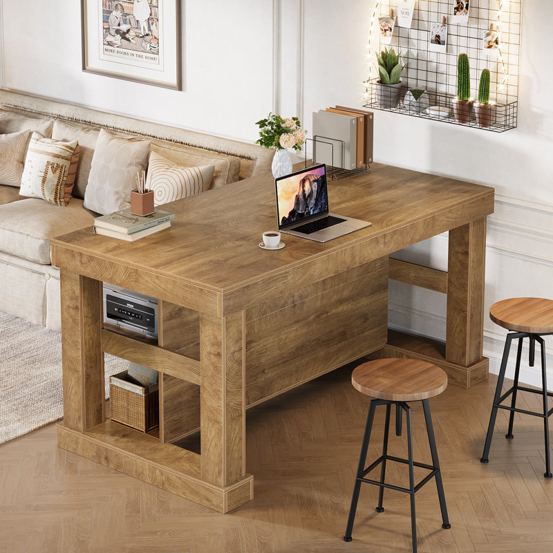 Kitchen Island with Storage Shelves, 55 Inch Kitchen Shelf with Large Worktop, Stable Structure, Farmhouse Style, Brown