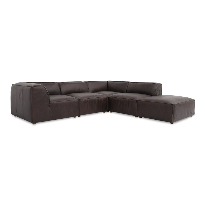 Riehlin 5 - Canapé modulaire en cuir véritable avec repose-pieds, Cuir véritable brun clair, H 26 po x l 112 po x P 102,5 po