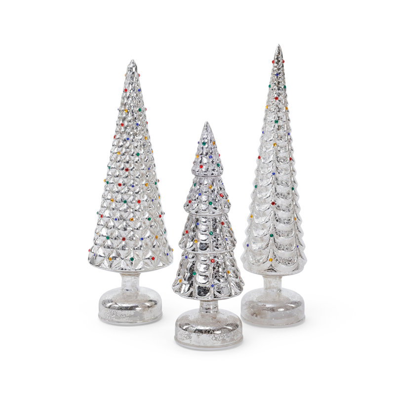 Sapins de table en verre scintillant « Bijou de Noël », ensemble de 3, Argent