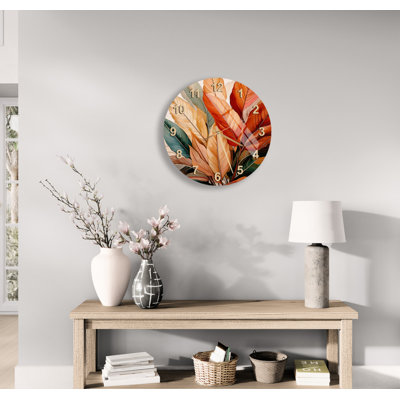 Botanical Autumn Leaves in Terracotta & Teal Tempered Glass Non-Ticking Wall Clock