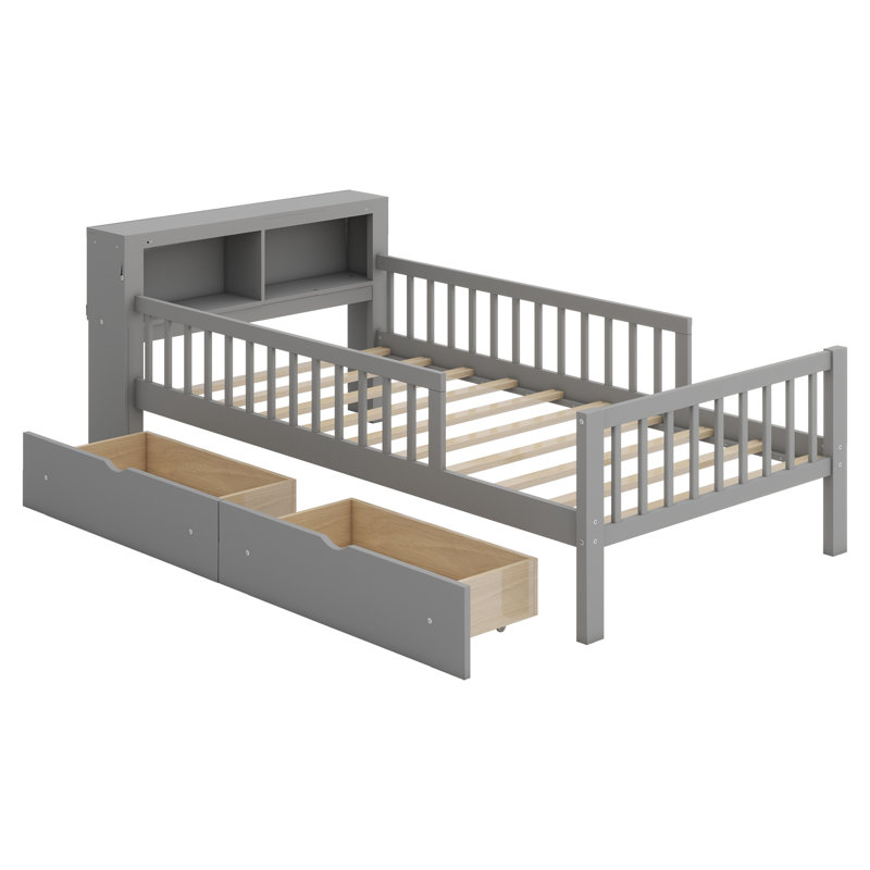 Lit avec support de tête de lit, deux tiroirs sous le lit, trois barrières de sécurité pour plus de sécurité, Gris