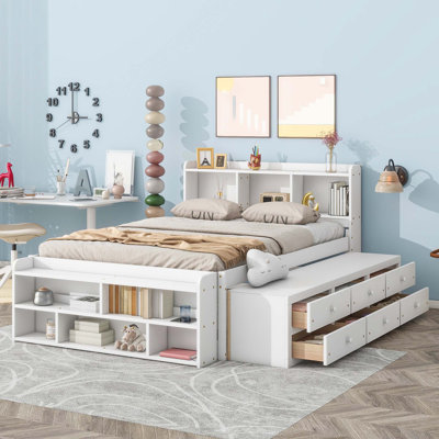 Lit double avec tête de lit bibliothèque, tiroirs de rangement sous le lit et étui de rangement