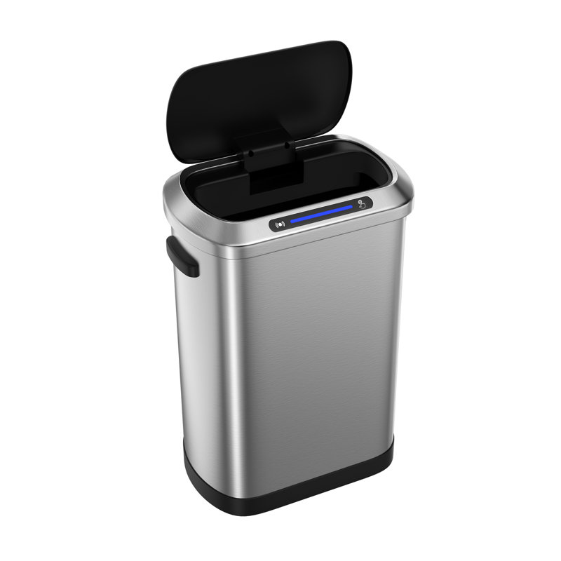 50L Smart Automatic Trash Can with Motion Sensor - Hands-Free Stainless Steel Kitchen Trash Bin with Slow Close Lid, Black and Silver
