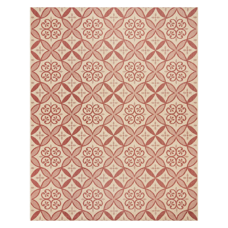 Solterra Zilah Red Cream Beige Bohmeian Tile Flatweave Polypropylene Indoor/ Outdoor Area Rug, Rectangle 8'9" x 13'1"
