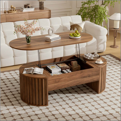 Table basse à plateau relevable avec compartiment caché, table centrale en bois partiellement assemblée, plateau de table ovale moderne pour le salon