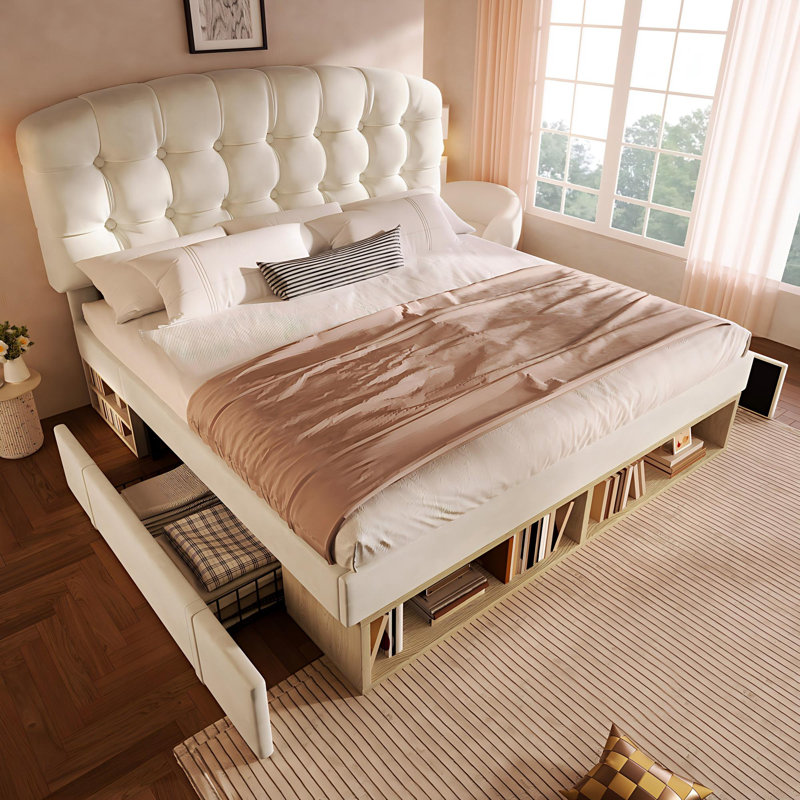 Upholstered Storage Bed, Beige, Double (4'6)