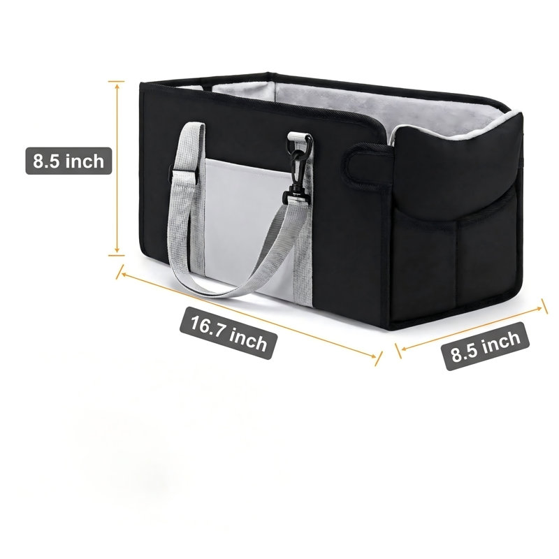 Siège d'appoint portatif pour petits chiens; comprend une laisse de sécurité, des sangles de fixation réglables, un coussin lavable et une poche de rangement intégrée; console centrale idéale pour les voyages; Finition noire.