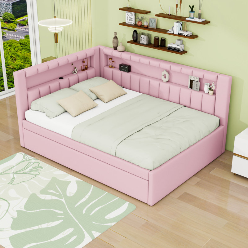 Full Upholstered Platform Bed with USB Ports and LED and Trundle, Pink