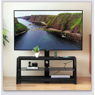 Meuble télé en bois avec verre trempé noir, hauteur réglable et support pivotant universel pour une meilleure expérience visuelle