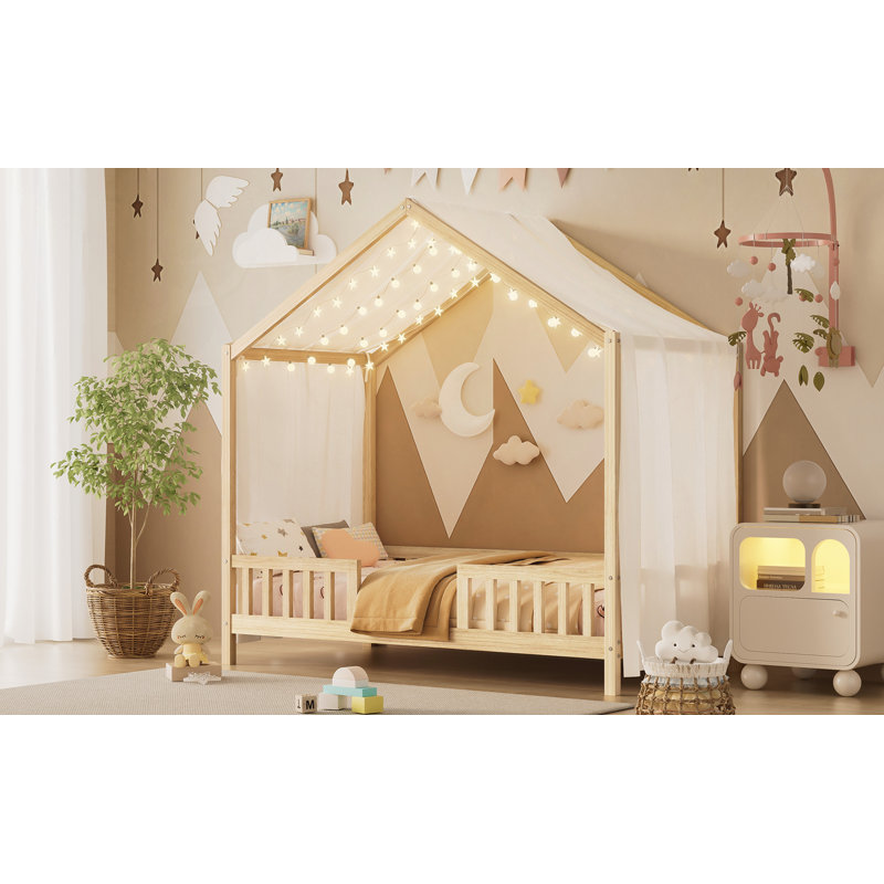 Lit de sol avec baldaquin Montessori, Naturel, Lit simple