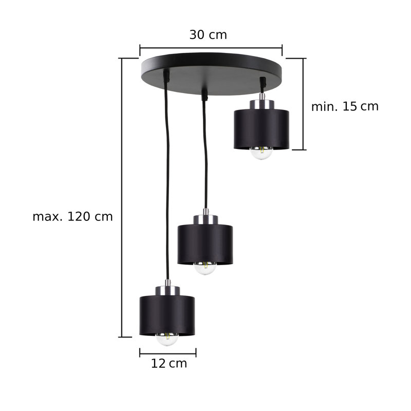 Baylon 3 - Light Drum Pendant, Black, Black/Silver
