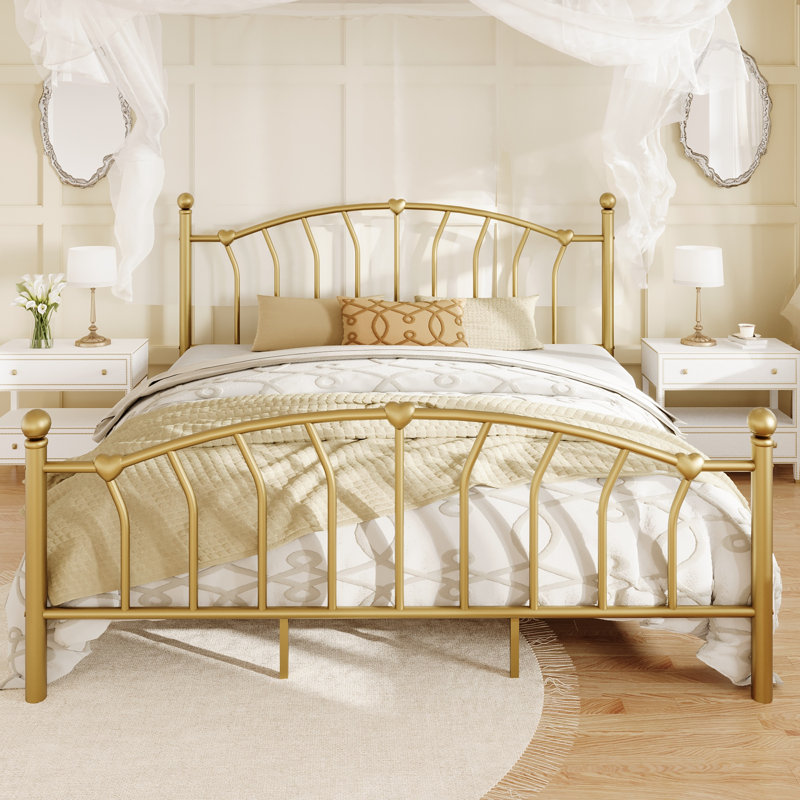 Metal Platform Bed Frame With Headboard And Footboard，Heart & Ball Finials，No Box Spring Needed,12.6" Under-Bed Storage，Easy Assembly