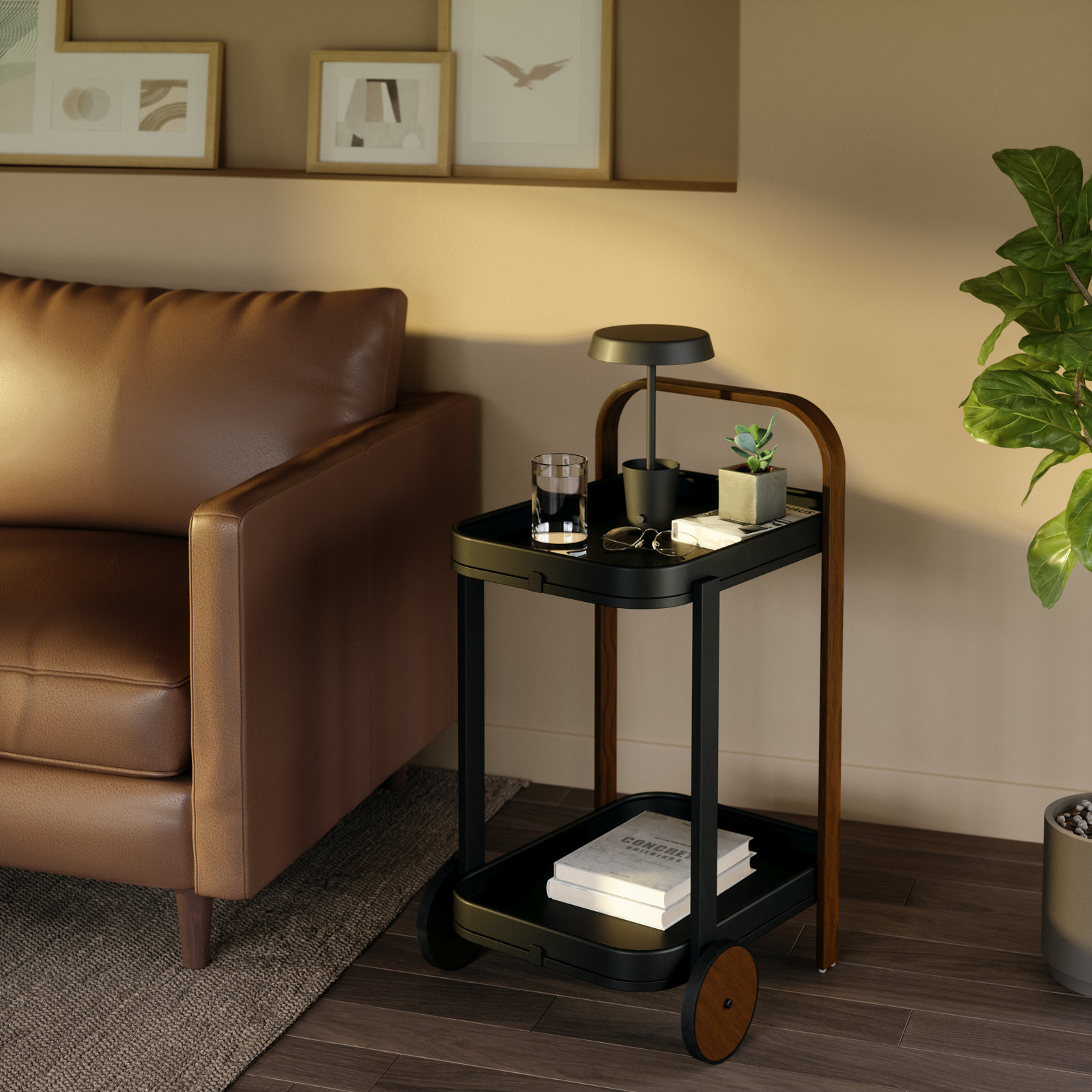 Aiyonna Bar Cart, Dark Wood, Black
