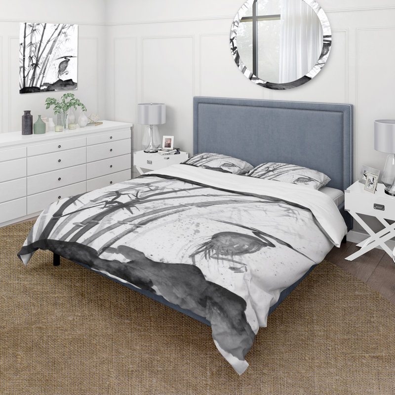 Héron monochrome et bambou - ensemble de housse de couette traditionnel - microfibre de polyester