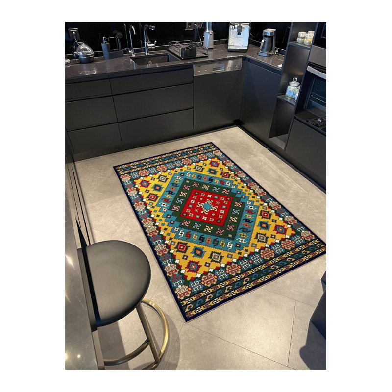 Tapis lavable à motif géométrique jaune, Tapis de couloir 2 pi 6 po x 6 pi 7 po inclus