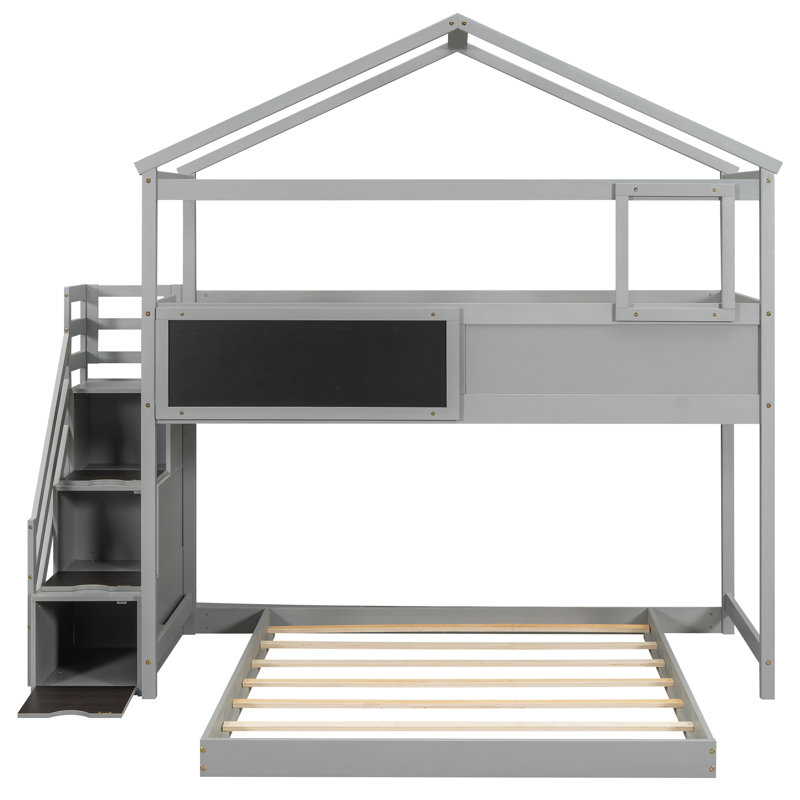 Twin Over Full House Bunk Bed With Storage Stairs & Blackboard, Gray