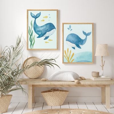 Watercolor Whale Framed Wall Art Set of 2 - Blue Ocean Animal Prints for Bathroom or Nursery Decor
