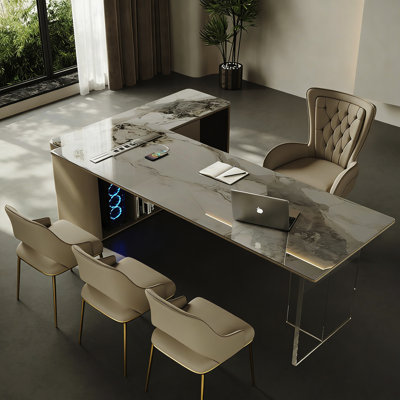 Bureau haut de gamme moderne en L en pierre ultrabrillante avec pieds en acrylique et armoire en cuir