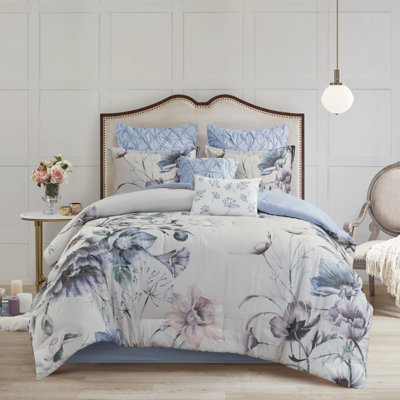 Couette King King bleue 8 pièces - Coton imprimé, style shabby chic, douce et confortable, idéale pour la chambre à coucher, avec taies d'oreiller européennes à motif floral élégant.
