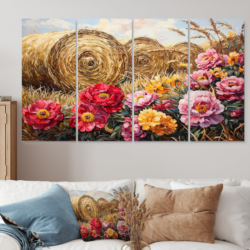 Provaire - pivoines - art mural traditionnel 4 pièces, H 32 po x l 64 po