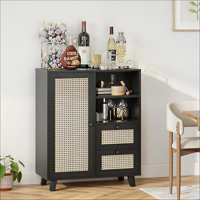 Black Rattan Buffet Cabinet, Scandinavian Buffet Cabinet with Drawers & Open Shelves