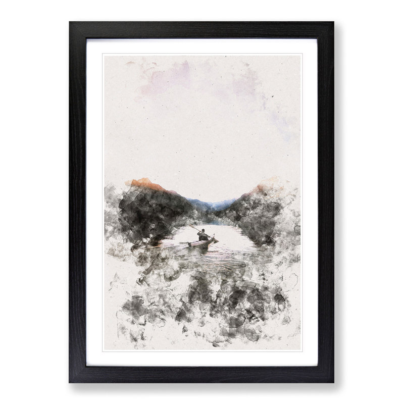 Kayaking Through the Mountains - Picture Frame Painting Print, 63cm H x 45cm W x 2cm D, Black Framed