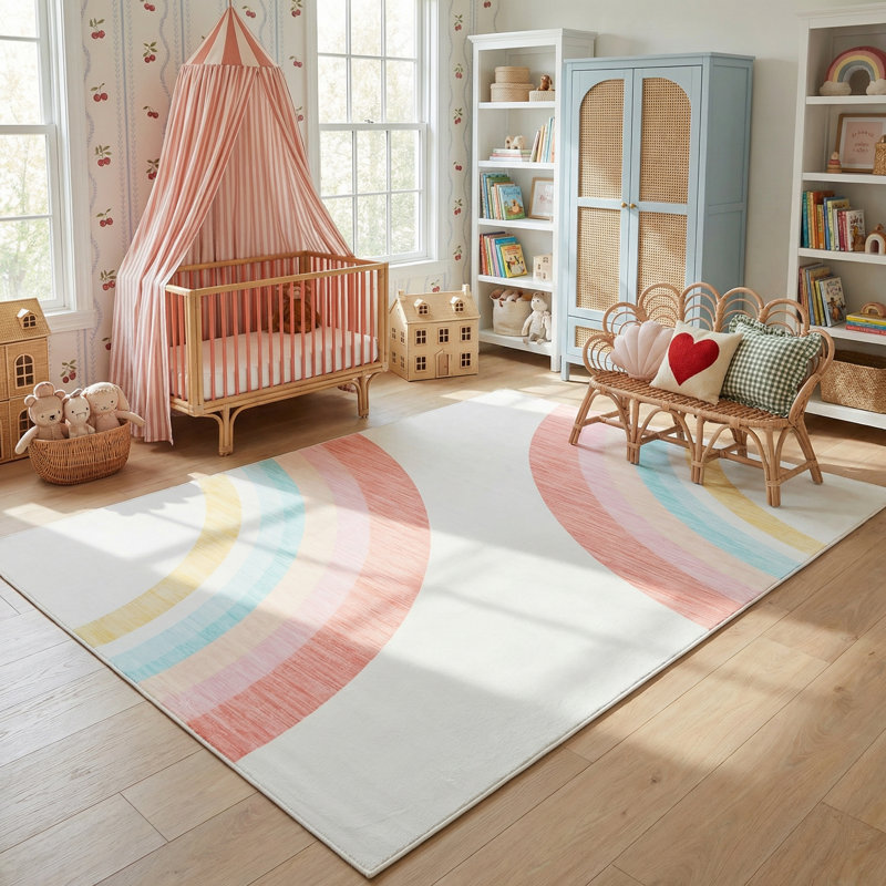 Tapis pour enfant arc-en-ciel rose / crème 5 pi x 8 pi (5 pi 3 po x 7 pi 7 po) Marlow, Rectangle 5 pi 3 po x 7 pi 7 po