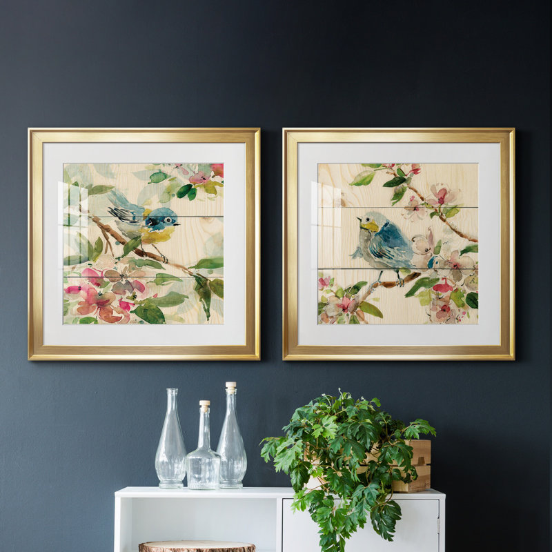 " Birds And Blossoms I " 2 - Pieces Painting Print, Picture Framed Canvas with Mat, 17.5" H x 35" W, Gold