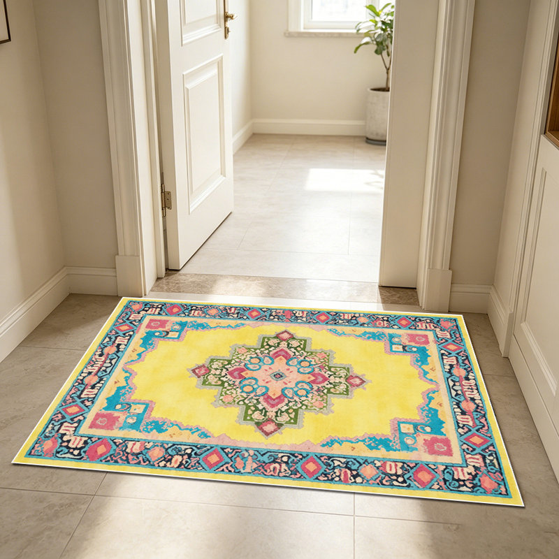 1PC Bohemian Vintage Geometric Medallion Yellow Base area rugs for Living Room, Soft and Comfortable, Suitable for all seasons, easy-to-maintain, machine washable Indoor floor mat, Under Table Farmhouse suitable for dining table, entryway, bedroom,...