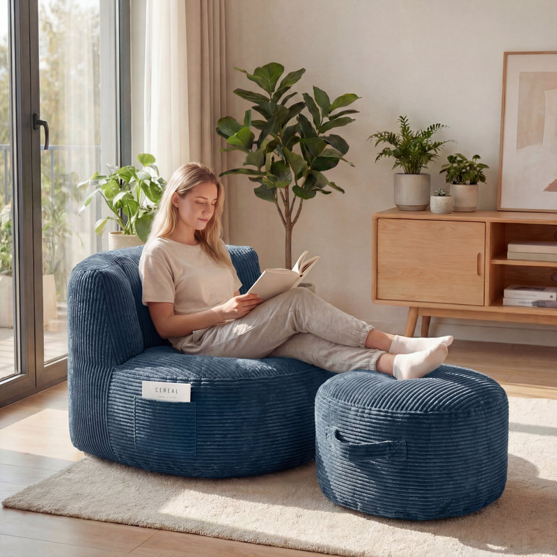Oversized Adult Bean Bag Chair With Ottoman, Corduroy Fabric Lazy Sofa, Plump Shredded Foam Filled, Soft Fluffy & Portable, Back Support For Napping & Gaming
