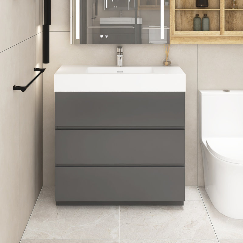Ensemble de meuble-lavabo simple 35,8 po avec surface solide Rahoul, Gris, Blanc