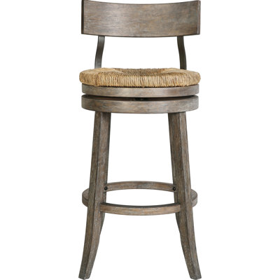 Tabouret de bar 31 po avec siège en ruppie naturelle et cadre en bois récupéré gris, retour automatique à 180 degrés, supports en acier noir, tabouret de comptoir à vin idéal pour comptoir de cuisine, repose-pieds automatique en métal