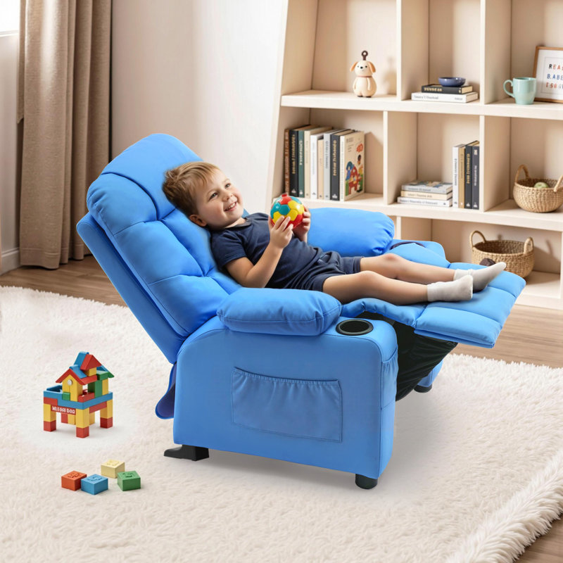 Goggans Kids Recliner with Anti-Tilt, Cup Holder, Blue