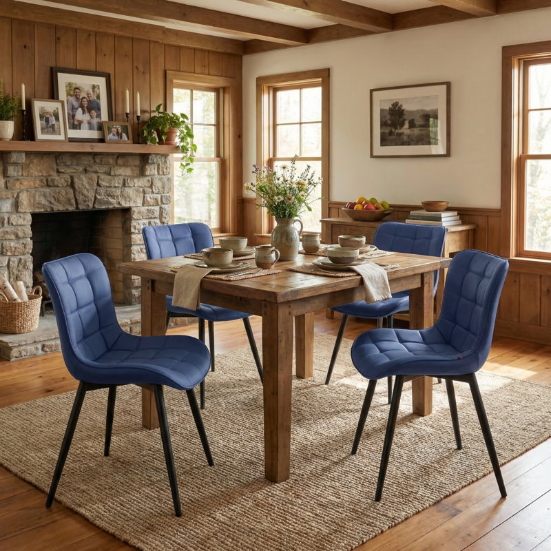 Heitger Tufted Wing Back Side Chair, Faux Leather Upholstered Dining Chair with Metal Legs, Navy