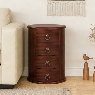 Wood Round Side Table With 4 Drawers