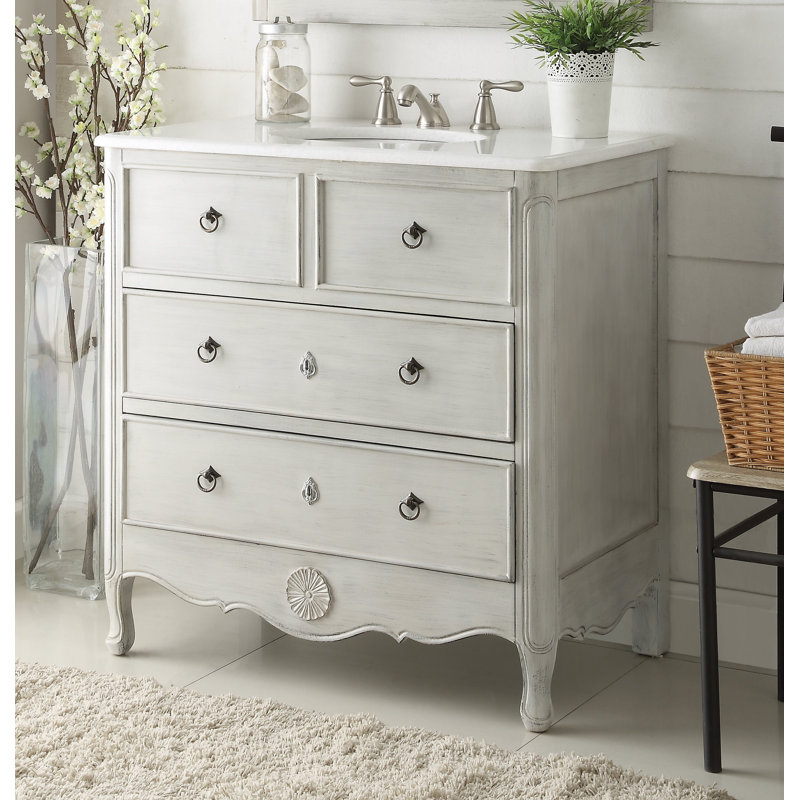 Ensemble de meuble-lavabo simple 34 po avec miroir Nallely, Blanc vieilli