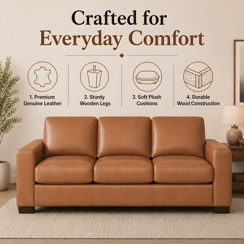 Oversized Genuine Leather Sofa – Deep Seat Square Arm Couch for Contemporary Living Room, Tan Genuine Leather