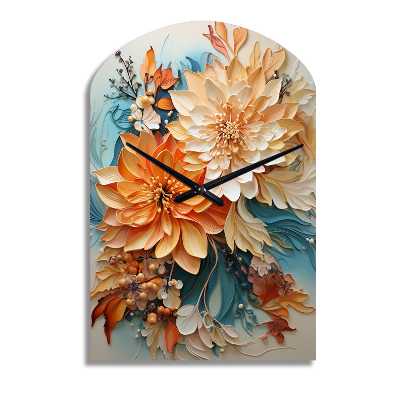 Horloge murale orange, bleu sarcelle, tourbillon botanique I - Botanicals Arch, horloge murale asymétrique moderne, Moyenne