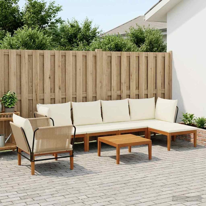  Garden Lounge Set Solid Acacia Wood & Rope Sofa Outdoor Furniture Patio, Cream White Cushion/Natural Beige Frame