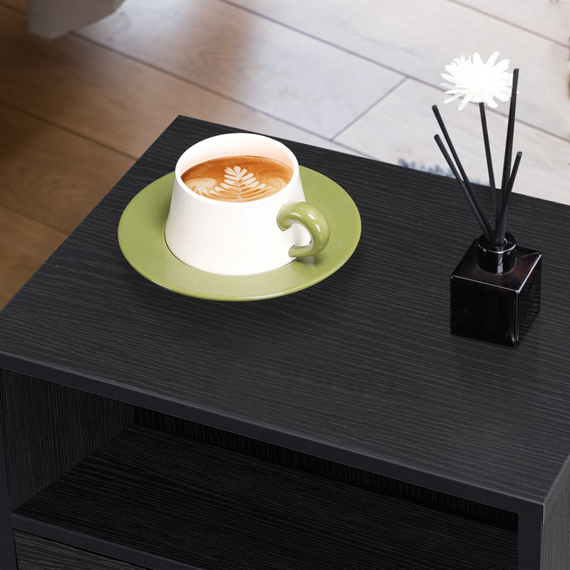 Table de bout rectangulaire en bois massif et manufacturé Josefin avec rangement en rotin , Noir, noir, noir, noir