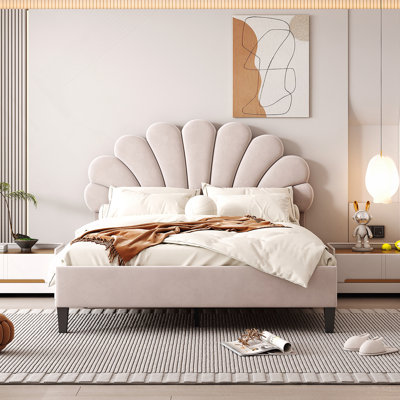 Upholstered Platform Bed with Flower Pattern Velvet Headboard