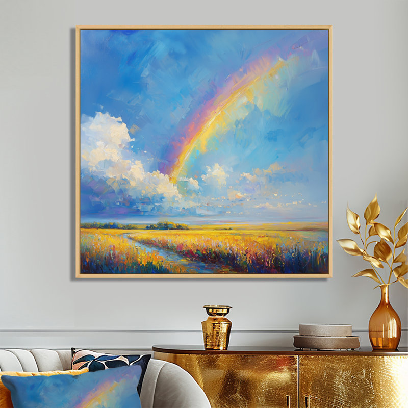 «Dort Rainbow After The Rain I» - art mural arc-en-ciel, H 16 po x l 16 po, Impression encadrée flottante, Crème, crème