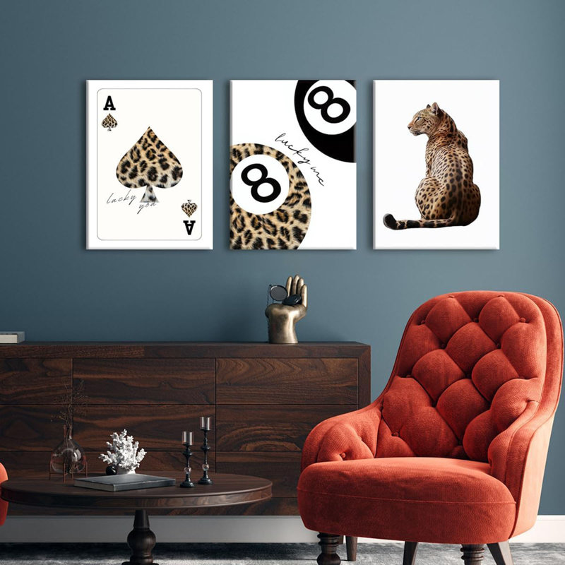 Tendance léopard, ensemble de 3 impressions murales sur toile - guépard, décorations murales Funky Lucky You, affiche 8 balles, peintures esthétiques BCBG