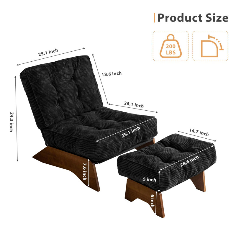 Lounge Chair with Ottoman,Adjustable Backrest Tufted Accent Chair with Footrest Set, Black