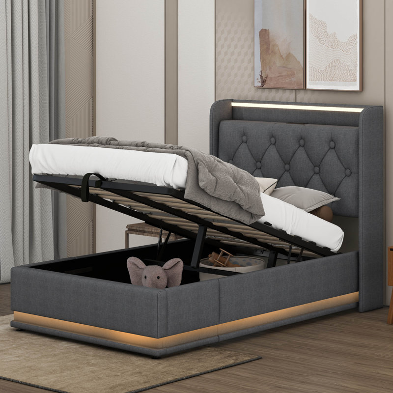 Upholstered Bed, 360 Surround LED Function, Buttons/Apps/Remote Control, Hydraulic Storage Bed With USB Type-C Charging, Gray