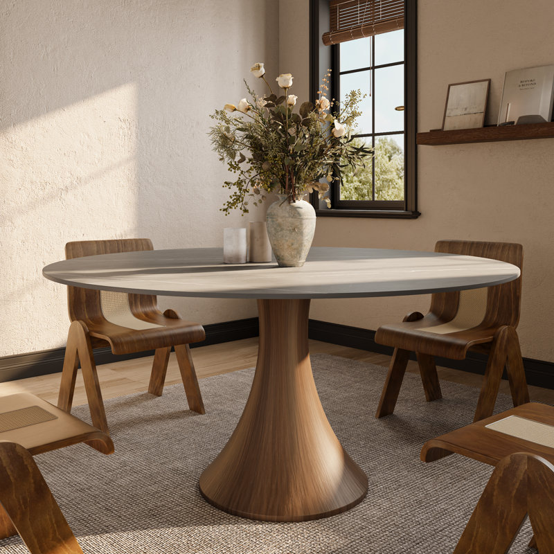 Table de salle à manger luxueuse en bois fritté gris avec base en bois massif pour 4/6/8